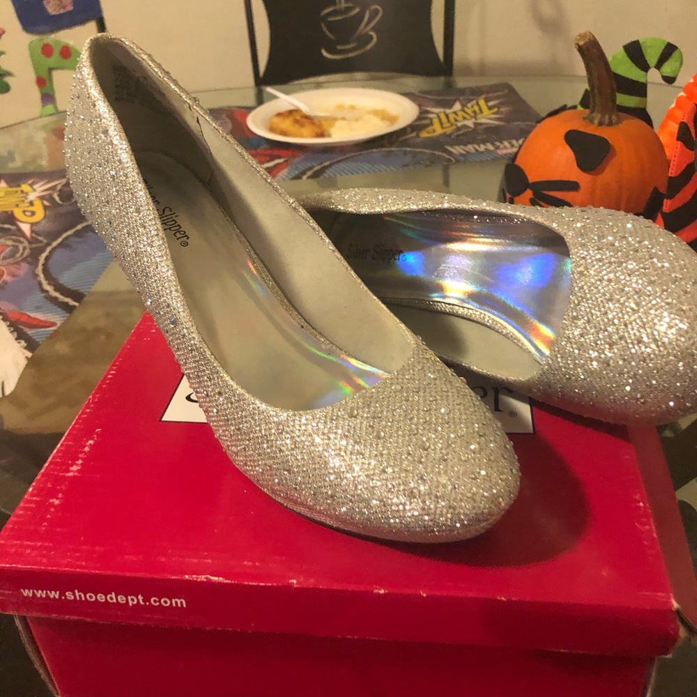 Silver rhinestone heels